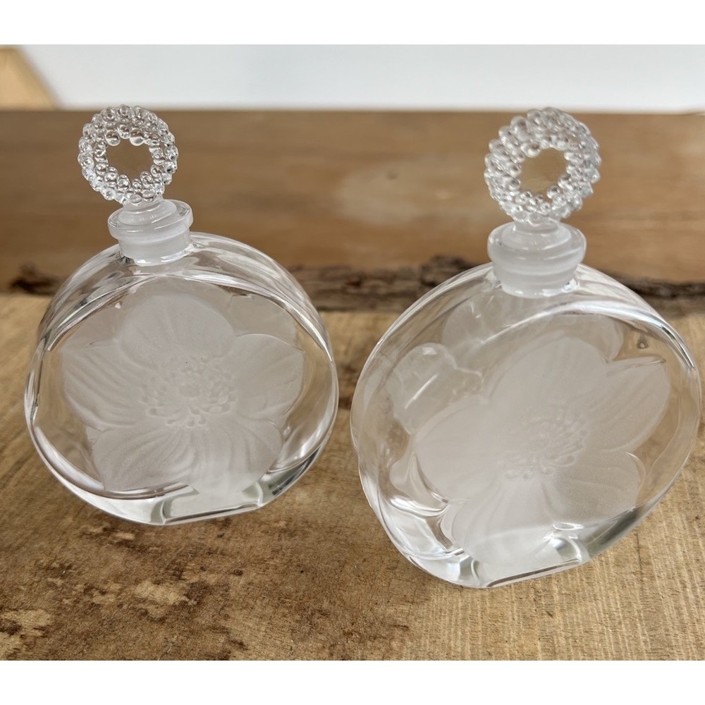 Lot Of Two Sasaki Crystal Vintage Clear Frosted  Etched Glass Flower Perfume